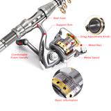 Lixada Telescopic full kit fishing rod gear +spinning reel+ line lures hooks with bag